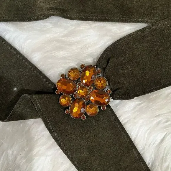 NEW Lake Shore Drive Suede Boho Crystal Flower Vintage Buckle Wide Waist Belt L